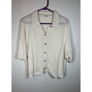 Boden Cream Linen Blend Button Up Collared Short Sleeve Sweater Top Women's M